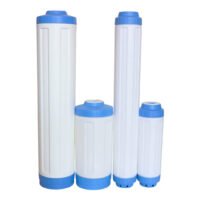 Row of refillable water filter cartridges on white background